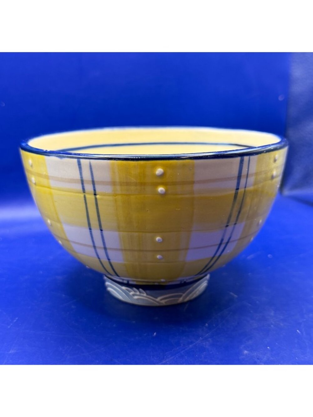 Blue Sky Clayworks Heather Goldminc Plaid Ceramic Bowl Yellow Blue Plaid 2014
